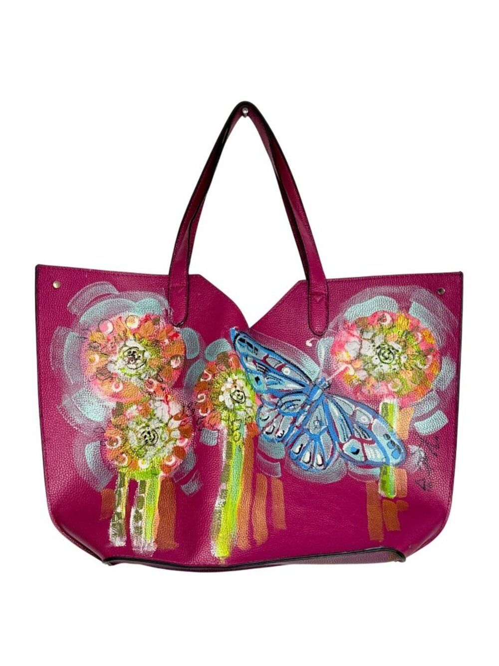 Custom Hand Painted Neiman Marcus Leather Tasseled Tote Bag in Fuchsia